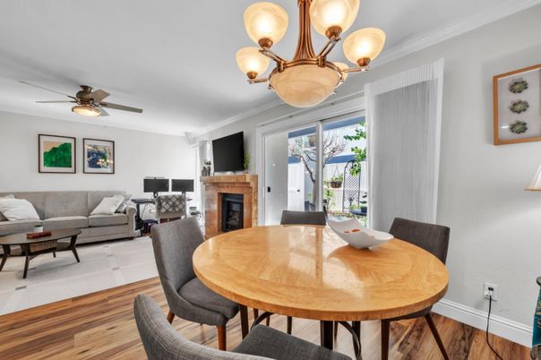 Dining room, Fireplace, Interior, Living room, Pendant Lights, Wood Texture Flooring