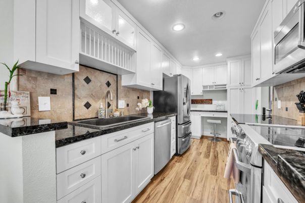 Interior, Kitchen, Recessed Lighting, Stainless Steel Appliances, Wood Texture Flooring