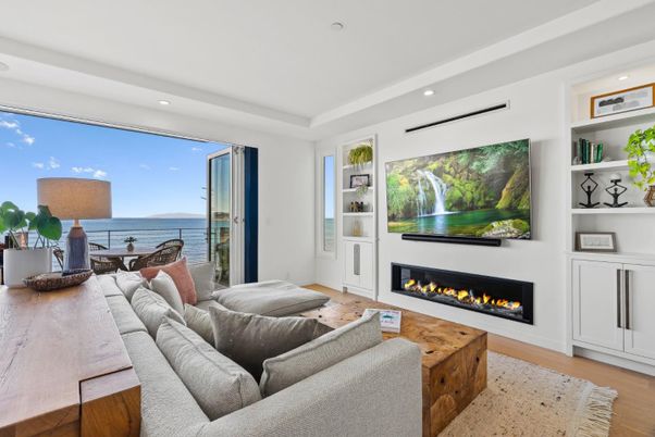 Fireplace, Interior, Living room, Recessed Lighting, Water, Wood Texture Flooring