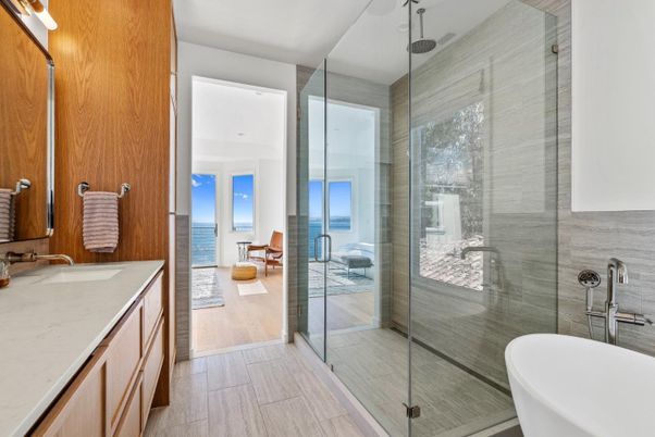 Bathroom, Dual Sink Vanities, Free Standing Baths, Glass Shower, Interior, Water, Wood Texture Flooring