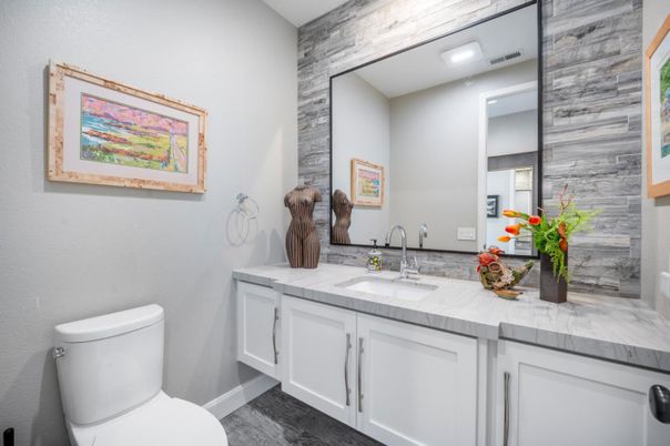 Bathroom, Interior, Recessed Lighting, Tile Countertops, Wood Texture Flooring