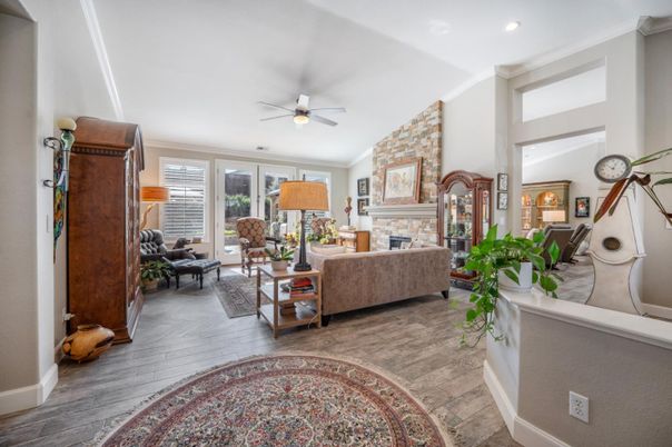 Fireplace, Interior, Living room, Recessed Lighting, Wood Texture Flooring