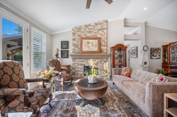 Fireplace, Interior, Living room, Recessed Lighting, Stone Walls