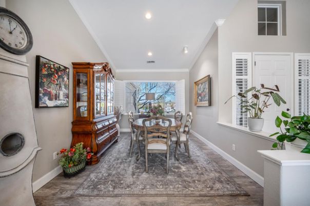 Dining room, Interior, Recessed Lighting, Wood Texture Flooring