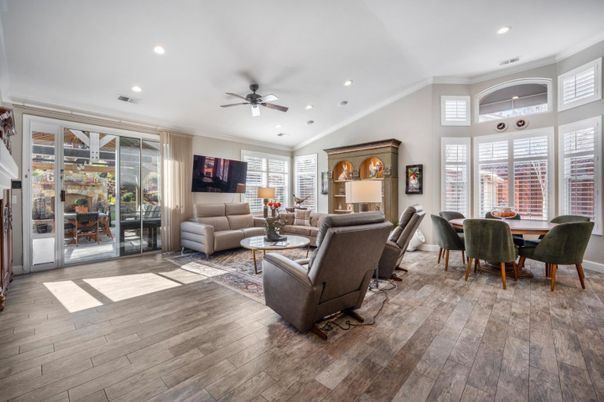 Dining room, Interior, Living room, Recessed Lighting, Wood Texture Flooring