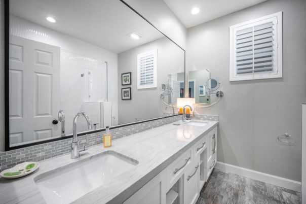 Bathroom, Dual Sink Vanities, Interior, Recessed Lighting, Wood Texture Flooring