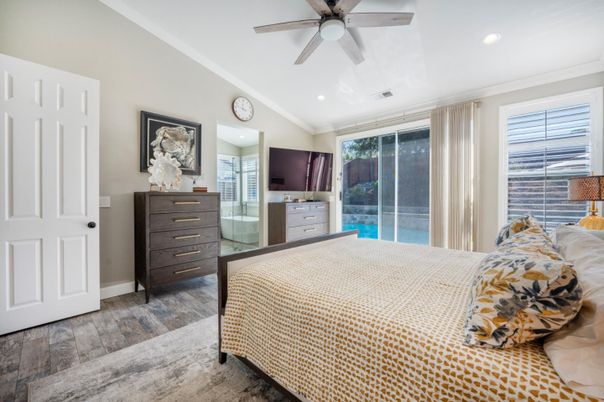 Bedroom, Interior, Recessed Lighting, Wood Texture Flooring