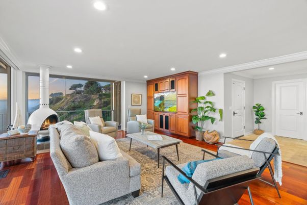 Fireplace, Interior, Living room, Recessed Lighting, Wood Texture Flooring