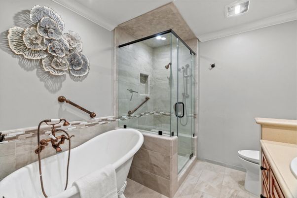 Bathroom, Free Standing Baths, Glass Shower, Interior, Recessed Lighting