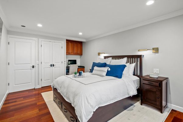 Bedroom, Interior, Recessed Lighting, Wood Texture Flooring