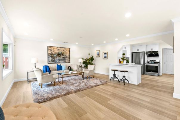 Interior, Kitchen, Living room, Recessed Lighting, Stainless Steel Appliances, Wood Texture Flooring