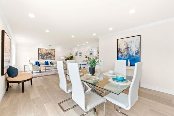 Dining room, Interior, Living room, Recessed Lighting, Wood Texture Flooring