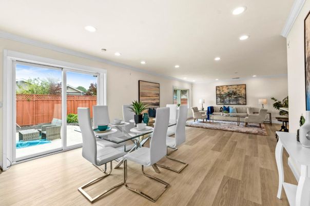 Dining room, Interior, Living room, Recessed Lighting, Wood Texture Flooring