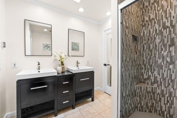 Bathroom, Dual Sink Vanities, Glass Shower, Interior, Recessed Lighting