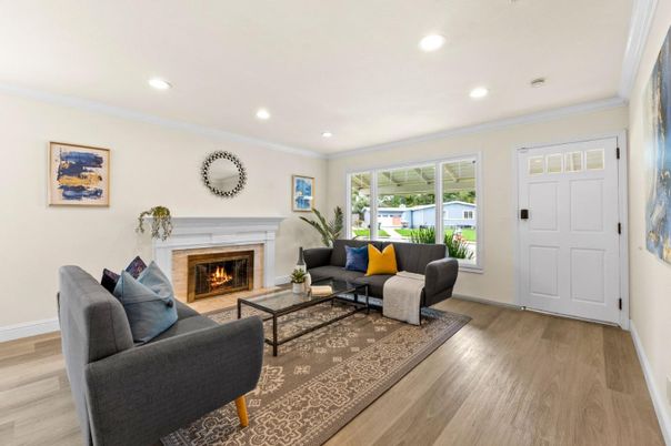 Fireplace, Interior, Living room, Recessed Lighting, Wood Texture Flooring
