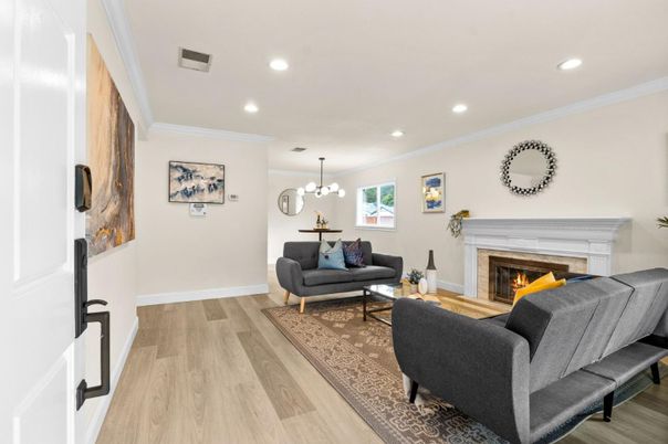 Fireplace, Interior, Living room, Pendant Lights, Recessed Lighting, Wood Texture Flooring