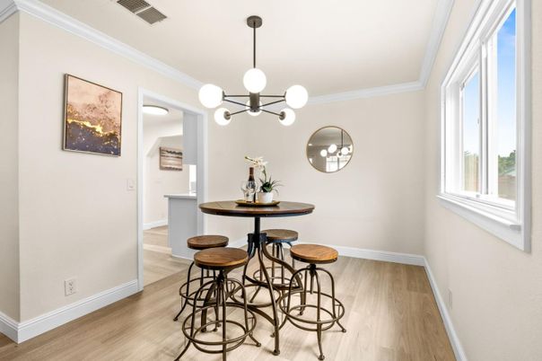 Dining room, Interior, Pendant Lights, Wood Texture Flooring