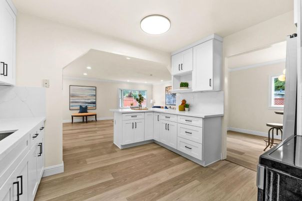 Interior, Kitchen, Marble Walls, Recessed Lighting, Wood Texture Flooring