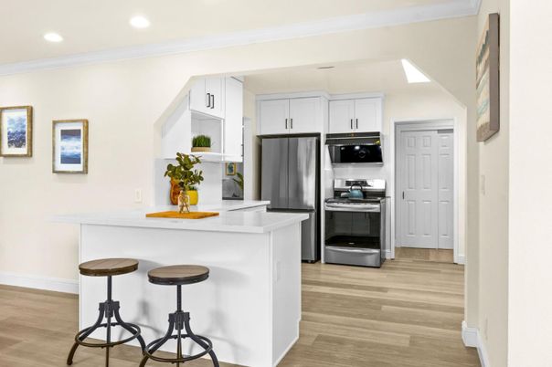 Interior, Kitchen, Recessed Lighting, Stainless Steel Appliances, Wood Texture Flooring