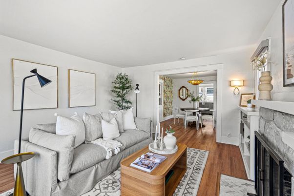 Dining room, Fireplace, Interior, Living room, Wood Texture Flooring