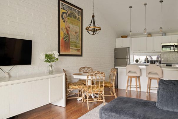Dining room, Interior, Kitchen, Pendant Lights, Stainless Steel Appliances, Stone Walls, Wood Texture Flooring