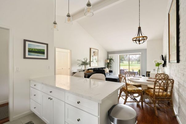 Dining room, Interior, Kitchen, Living room, Pendant Lights, Wood Texture Flooring