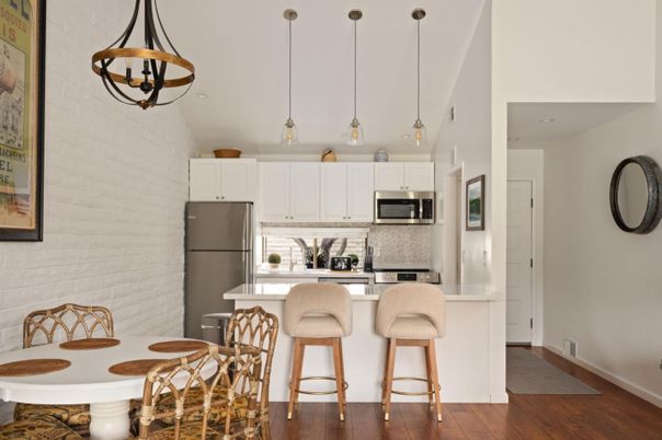 Interior, Kitchen, Pendant Lights, Stainless Steel Appliances, Stone Walls, Wood Texture Flooring