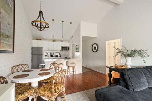 Dining room, Interior, Kitchen, Pendant Lights, Wood Texture Flooring