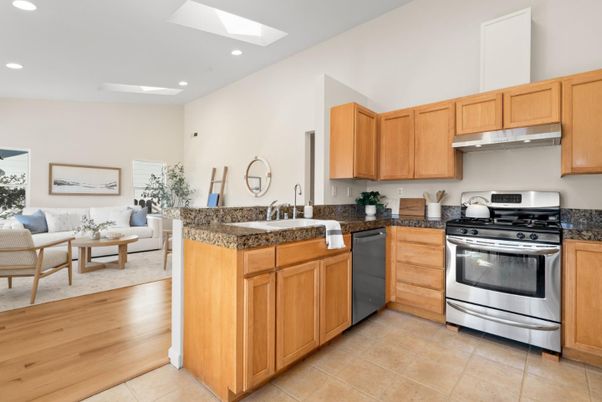 Interior, Kitchen, Living room, Recessed Lighting, Stainless Steel Appliances, Wood Texture Flooring
