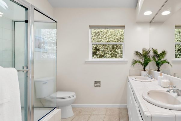 Bathroom, Dual Sink Vanities, Glass Shower, Interior, Recessed Lighting, Tile Countertops