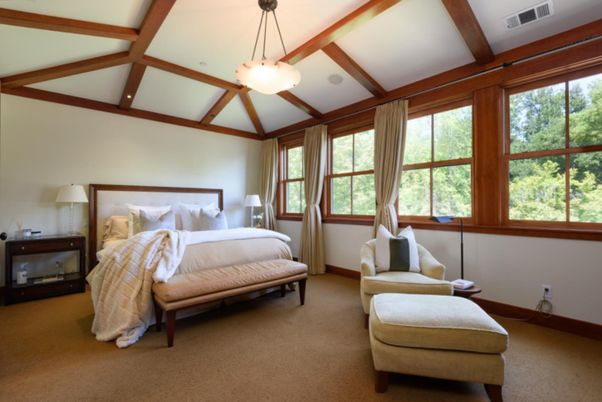 Bedroom, Interior, Pendant Lights, Recessed Lighting, Wooden Beams