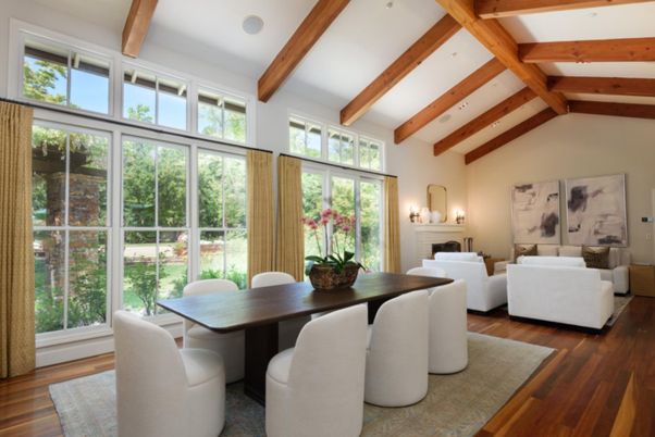 Dining room, Fireplace, Interior, Living room, Wooden Beams, Wood Texture Flooring