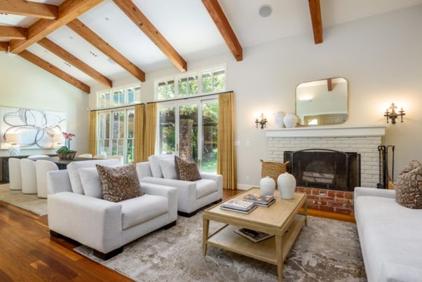 Dining room, Fireplace, Interior, Living room, Wooden Beams, Wood Texture Flooring