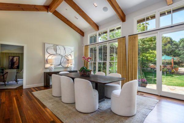 Dining room, Interior, Recessed Lighting, Wooden Beams, Wood Texture Flooring