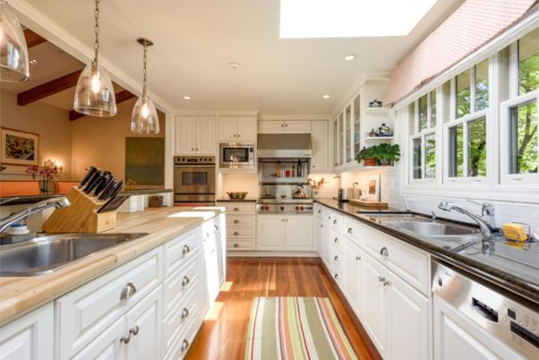 Interior, Kitchen, Pendant Lights, Recessed Lighting, Stainless Steel Appliances, Wood Texture Flooring