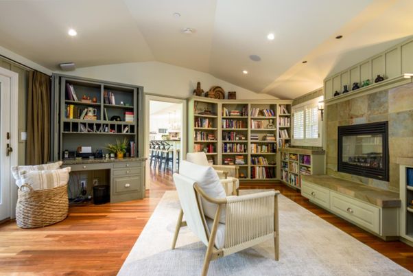 Fireplace, Home Office, Interior, Recessed Lighting, Wood Texture Flooring