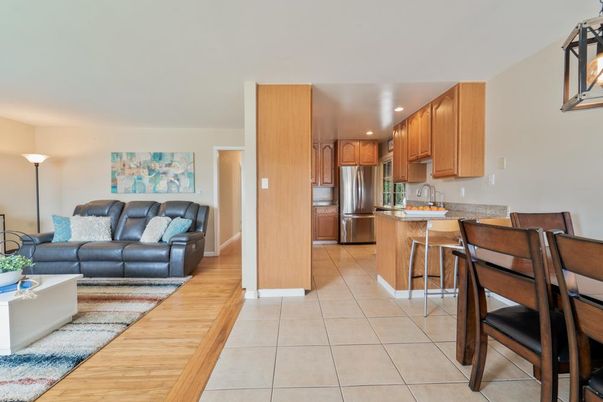 Interior, Kitchen, Living room, Recessed Lighting, Stainless Steel Appliances, Wood Texture Flooring