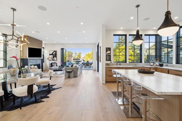 Dining room, Fireplace, Interior, Kitchen, Living room, Pendant Lights, Recessed Lighting, Wood Texture Flooring