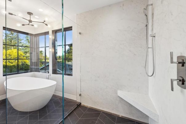 Bathroom, Free Standing Baths, Glass Shower, Interior, Marble Walls, Recessed Lighting