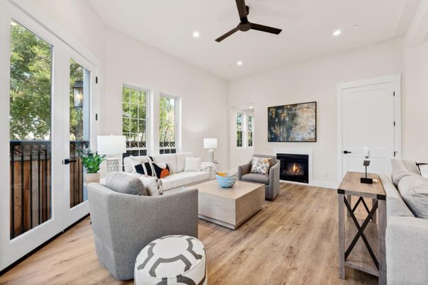Fireplace, Interior, Living room, Recessed Lighting, Wood Texture Flooring