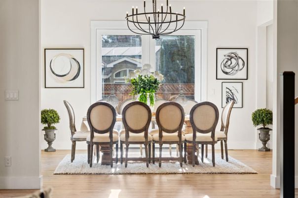 Chandelier, Dining room, Interior, Wood Texture Flooring