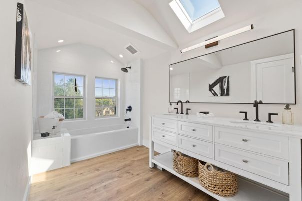 Bathroom, Dual Sink Vanities, Interior, Recessed Lighting, Wood Texture Flooring
