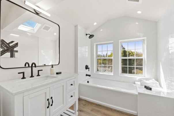 Bathroom, Dual Sink Vanities, Interior, Recessed Lighting, Wood Texture Flooring