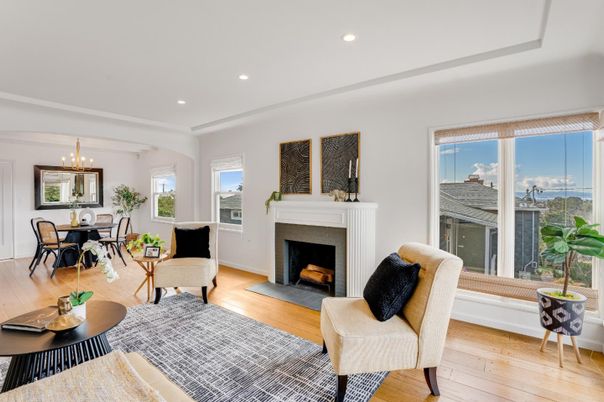 Chandelier, Dining room, Fireplace, Interior, Living room, Recessed Lighting, Wood Texture Flooring
