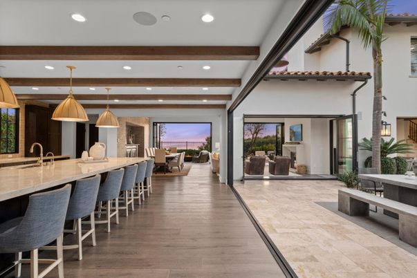 Dining room, Interior, Kitchen, Pendant Lights, Recessed Lighting, Wooden Beams, Wood Texture Flooring