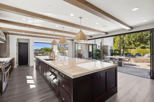Interior, Kitchen, Pendant Lights, Recessed Lighting, Stainless Steel Appliances, Wooden Beams, Wood Texture Flooring
