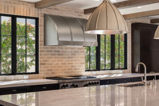 Interior, Kitchen, Recessed Lighting, Stainless Steel Appliances, Stone Walls, Wooden Beams