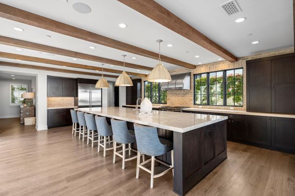 Interior, Kitchen, Pendant Lights, Recessed Lighting, Stainless Steel Appliances, Wooden Beams, Wood Texture Flooring