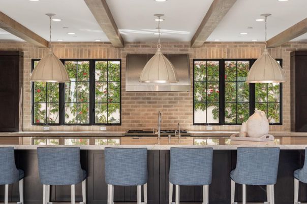 Interior, Kitchen, Pendant Lights, Recessed Lighting, Stainless Steel Appliances, Stone Walls, Wooden Beams