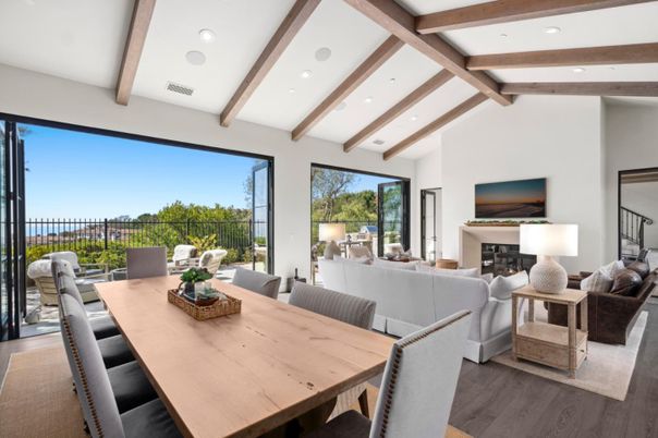 Dining room, Fireplace, Interior, Living room, Recessed Lighting, Wooden Beams, Wood Texture Flooring